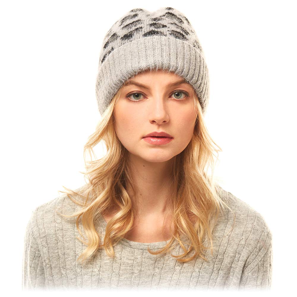 by You Women Teen Fashion Fall Winter Soft Fuzzy Leopard Animal Print Knit Cuffed Beanie Hat (Leopard Pattern - Grey)