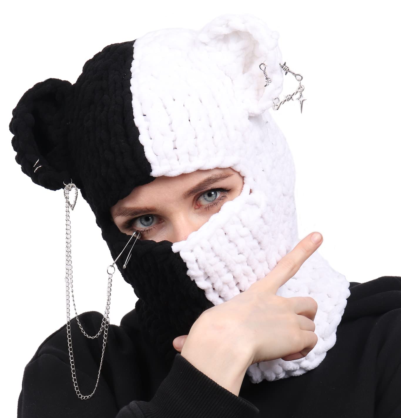 DAZCOS Knitted Balaclava Hat Devil Horn Bunny Ears Head Mask Winter Woolen Beanie Riding Hats for Women and Men (White+Black2)