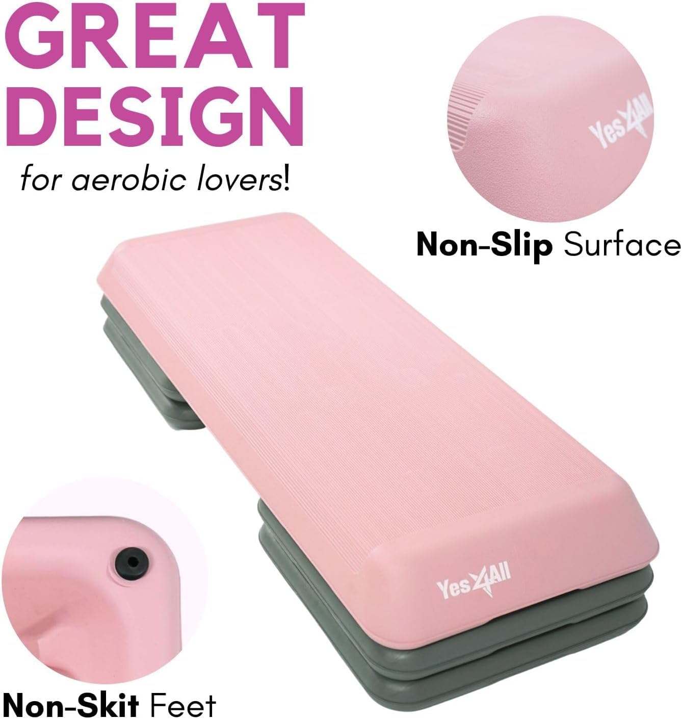 Yes4All Adjustable Workout Aerobic Exercise Step Platform Health Club Size with 4 Adjustable Risers Included and Extra Risers Options - Pink Grey