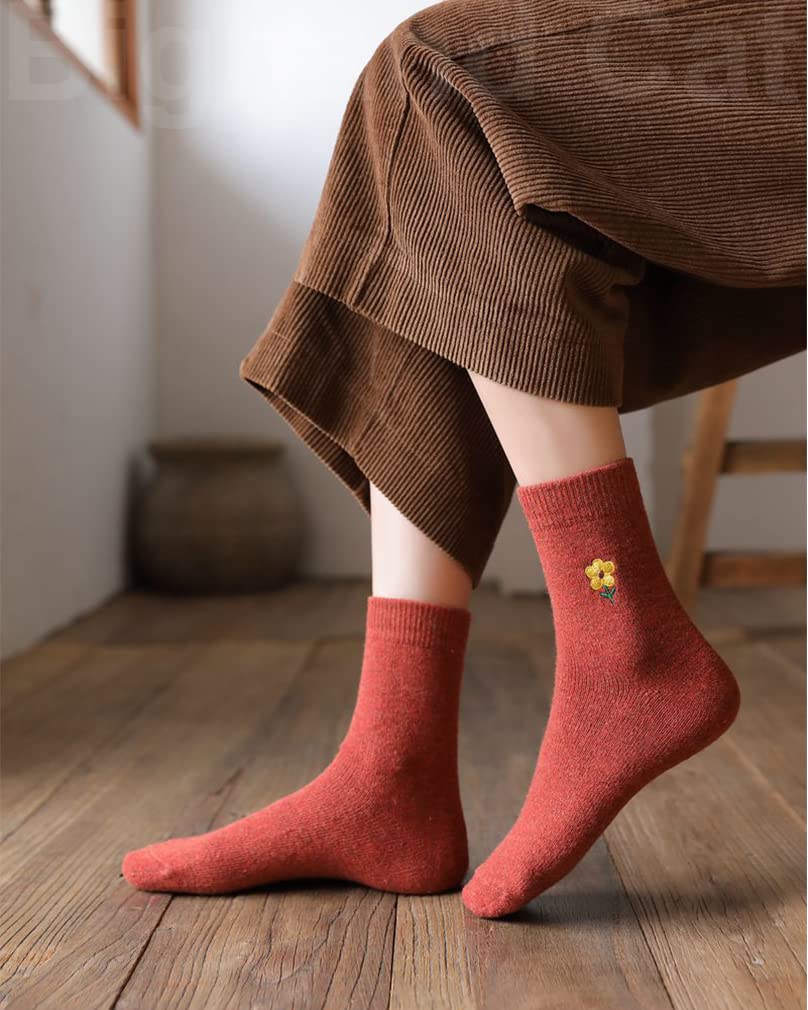 IIG Cute Warm Wool Socks for Women Super Cozy Thick Crew Winter Socks Gifts, 5 Pairs (Embroidery Flower - 5 Pairs)