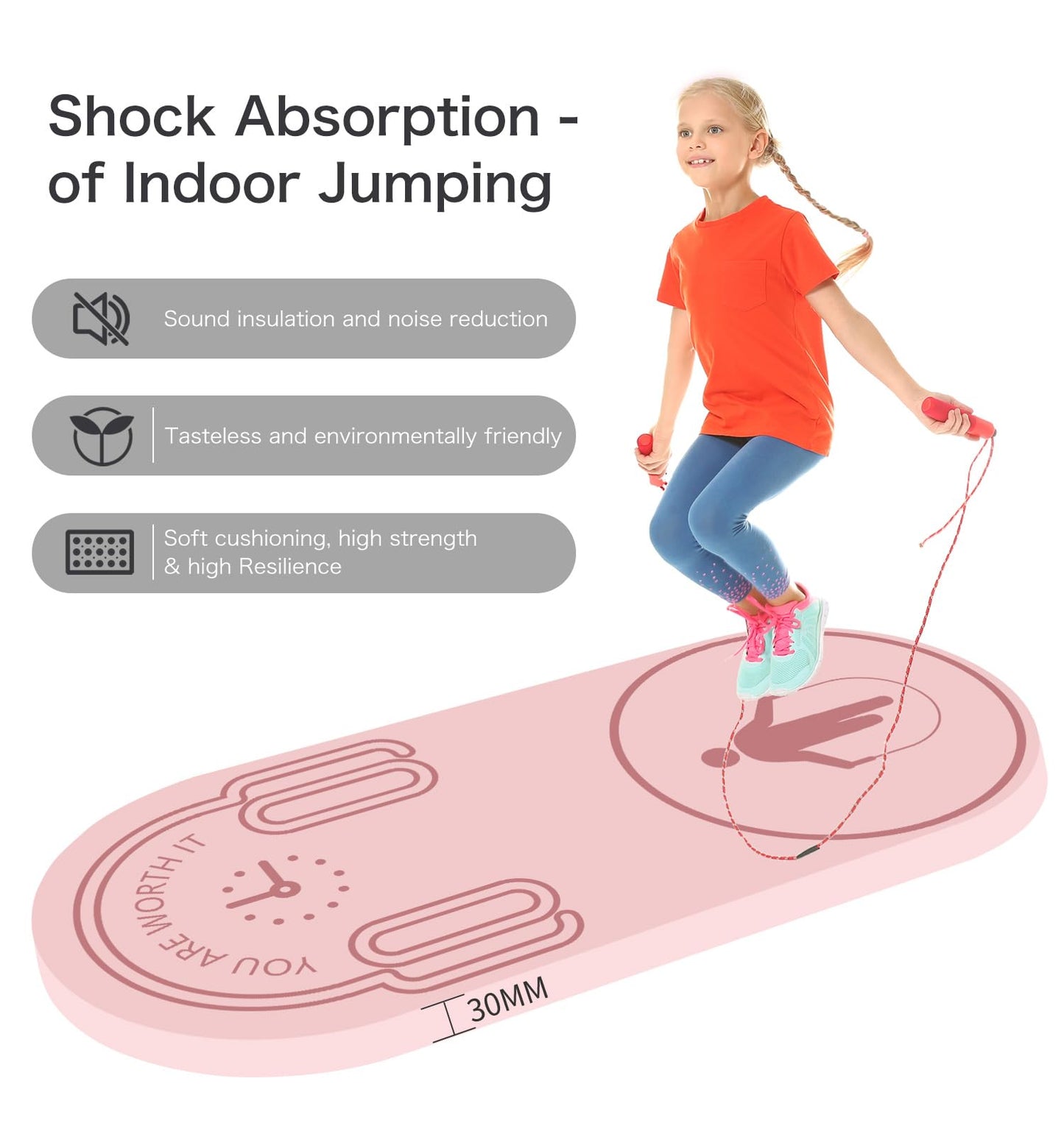 LERYG 8/20/30mm Jump Rope Mat Fitness Exercise Mat Durable, Non-Slip, Workout Mats with Jump Rope & Carrying Bag for Home Gym Flooring in Pink(55"x 24")