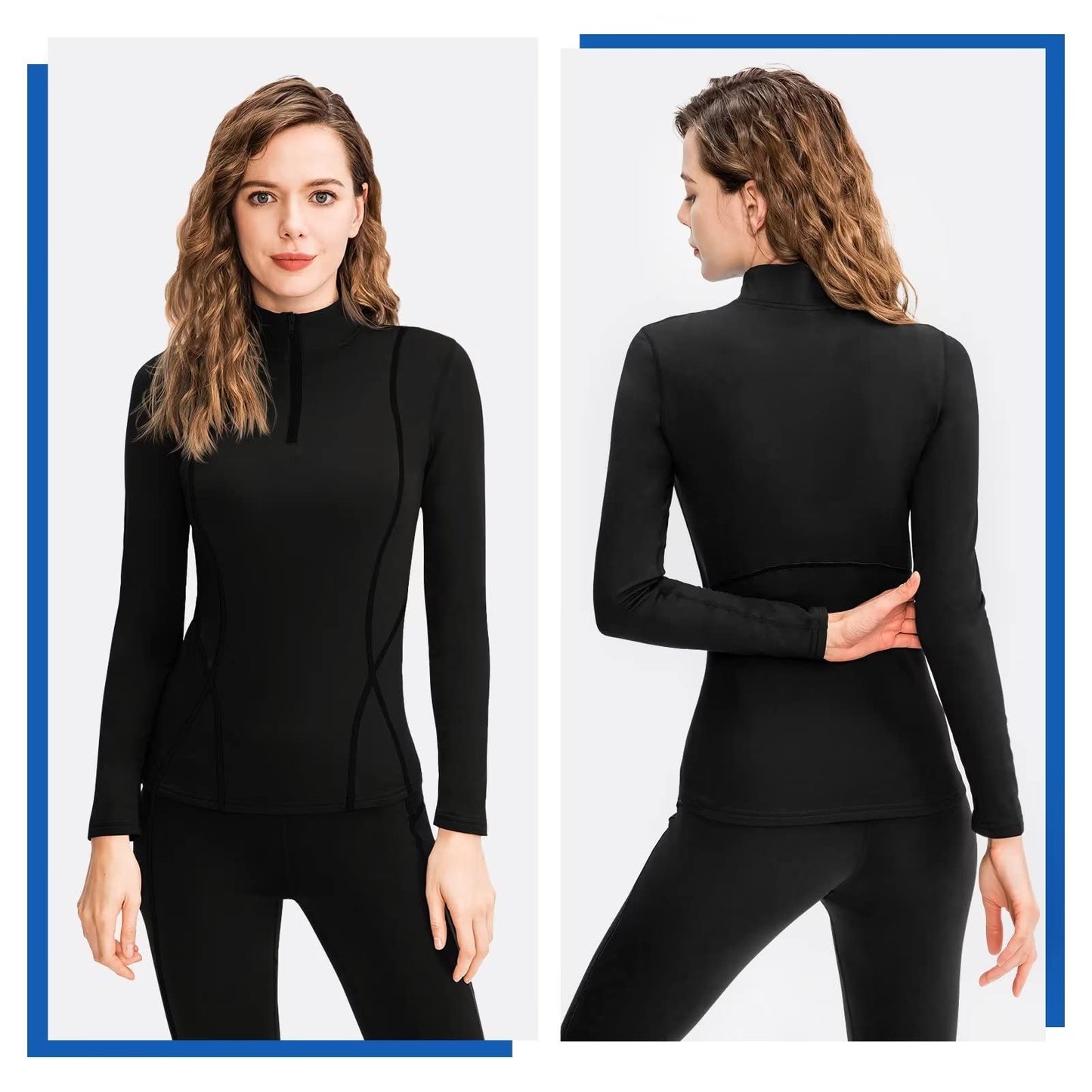 Tesuwel Ski Base Layer Women Cold Weather Long Sleeve Thermal Shirt Women Snowboard Underlayer for Hiking Running Thermal Underwear Top Women Half Zip Athletic Shirts Moisture Wicking 02513 Black XL