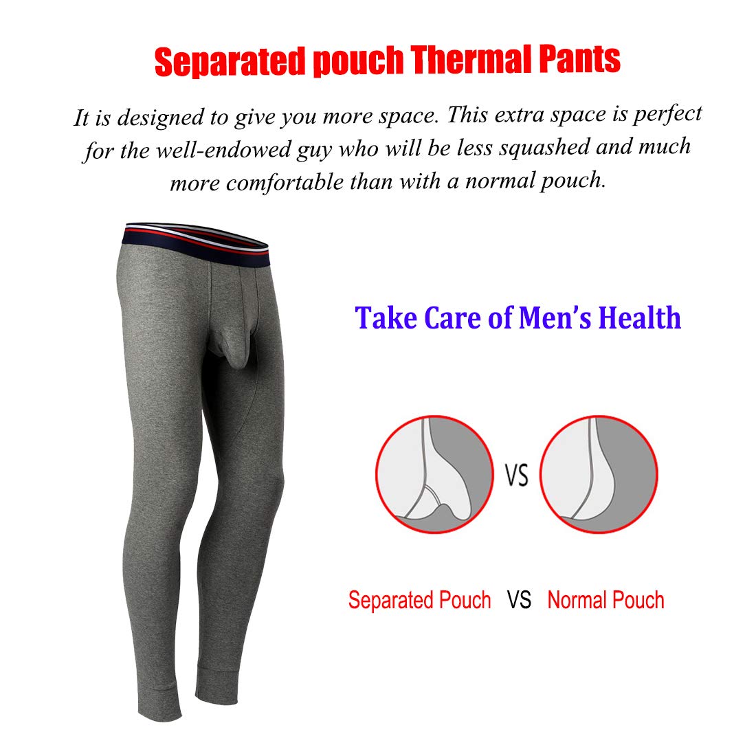 Ouruikia Men's Thermal Underwear Pants Thermal Bottoms Long Johns Bottoms with Separate Pouch(Light Grey,S)