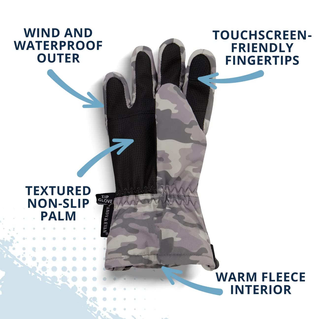Andy & Evan Kids' Waterproof Snow Gloves Winter Gloves Side Zippers Touchscreen Ski Snowboard Sledding w/Warm Fleece Palms, Camo, Size 11-12
