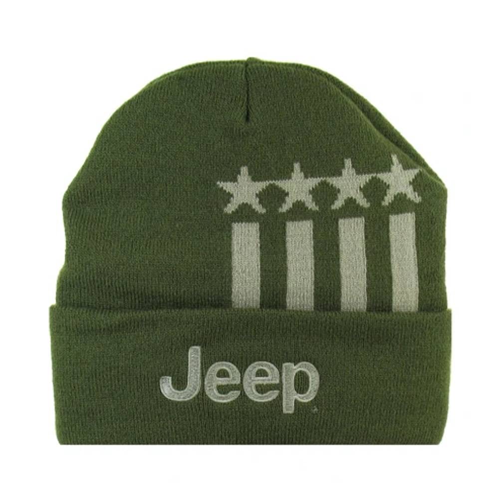 Jeep Stars and Stripes Flip Knitted Beanie Hats for Men or Beanie Women Military Green