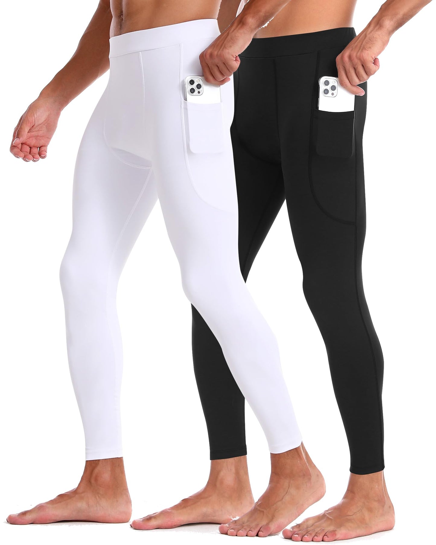 EoBeKee Men's 2 Pack Compression Pants with Pockets, Cold Weather Winter Athletic Football Leggings, Sports Workout Base Layer Tights for Yoga Gym Running Basketball