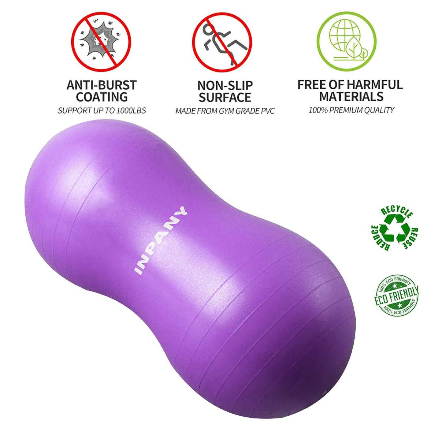 INPANY Peanut Ball - Anti Burst Exercise Ball for Labor Birthing, Physical Therapy for Kids, Core Strength, Home & Gym Fintness (Include Pump) Purple