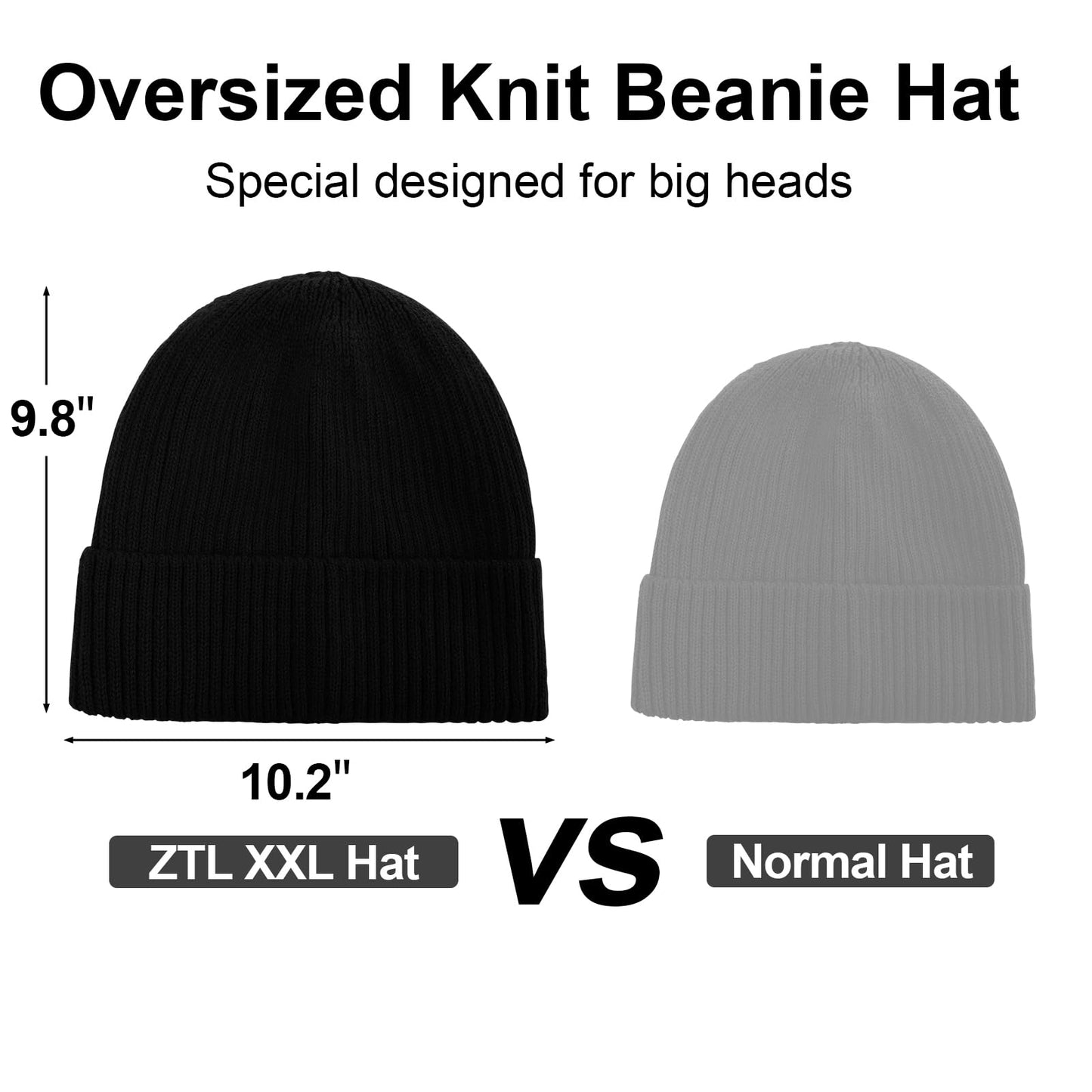Oversize XL XXL Waterproof Merino Wool Beanie for Men Women Big Head, Warm Fleece Lined Large Winter Hat, Plus Size Big Knit Skull Stocking Cap, Rainproof Windproof Cuffed Beanie for All Weather Black