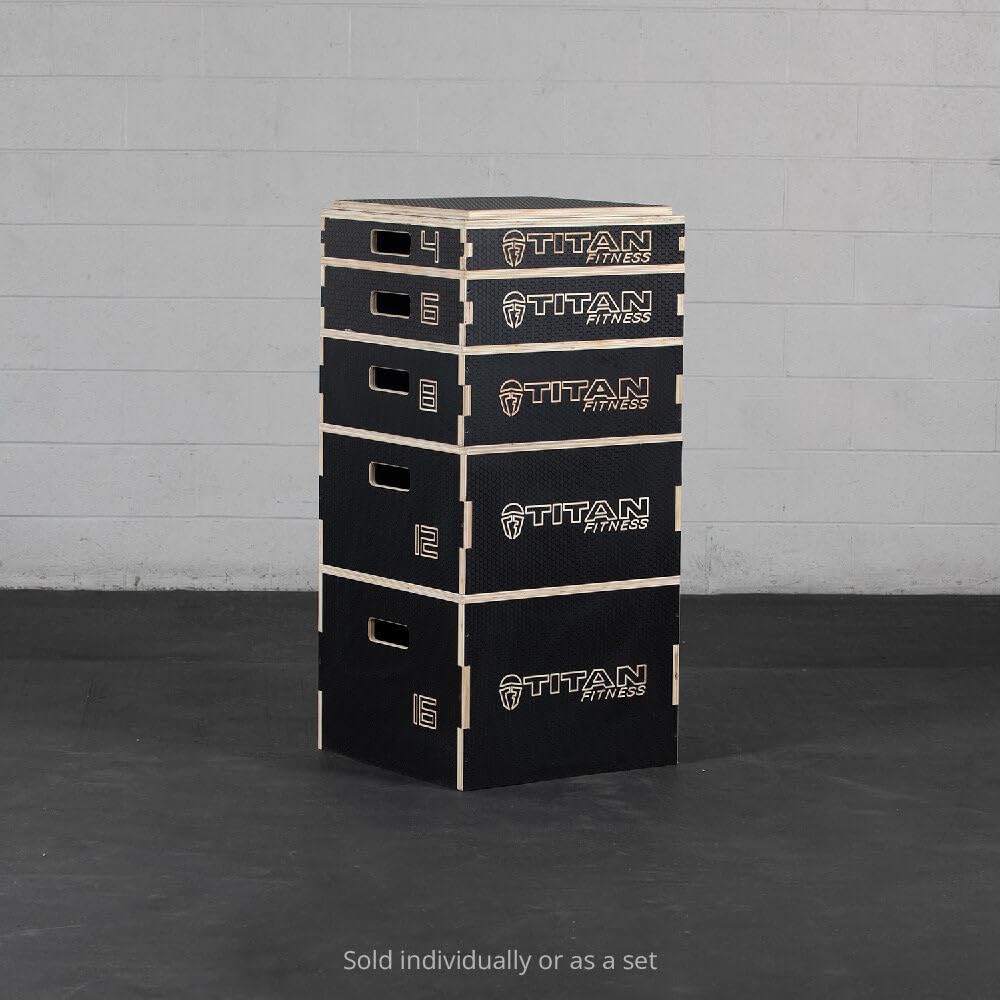 Titan Fitness 16in Anti-Slip Stackable Wooden Plyometric Box, Pro-Duty Plyo Box, Jump Step-Up Box Squat, Home Garage Gym Training