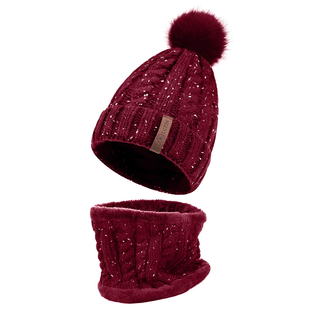 LCZTN Womens Pom Beanie Hat Scarf Set Girls Cute Winter Ski Hat Slouchy Knit Skull Cap with Fleece Lined