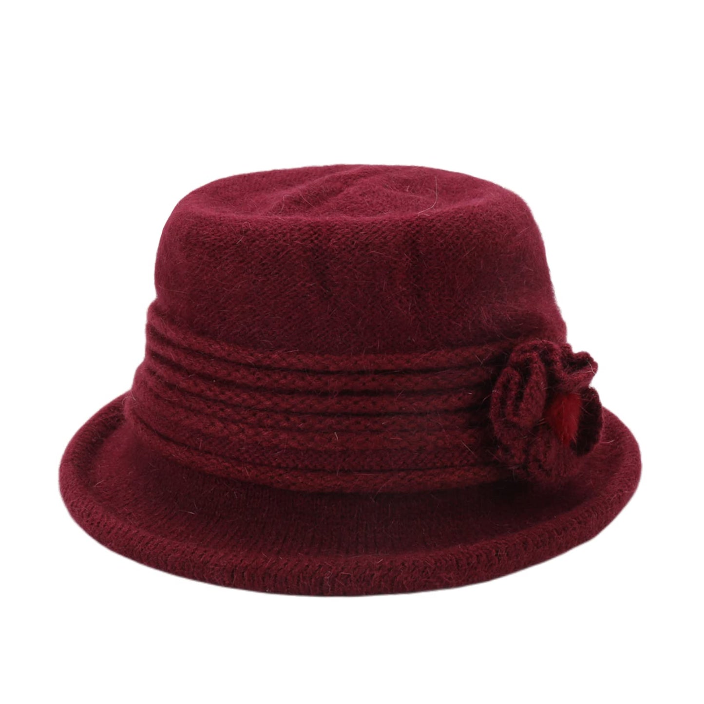 Women Winter Warm Knitted Cloche Hat Vintage Church Bucket Hat with Flower Accent