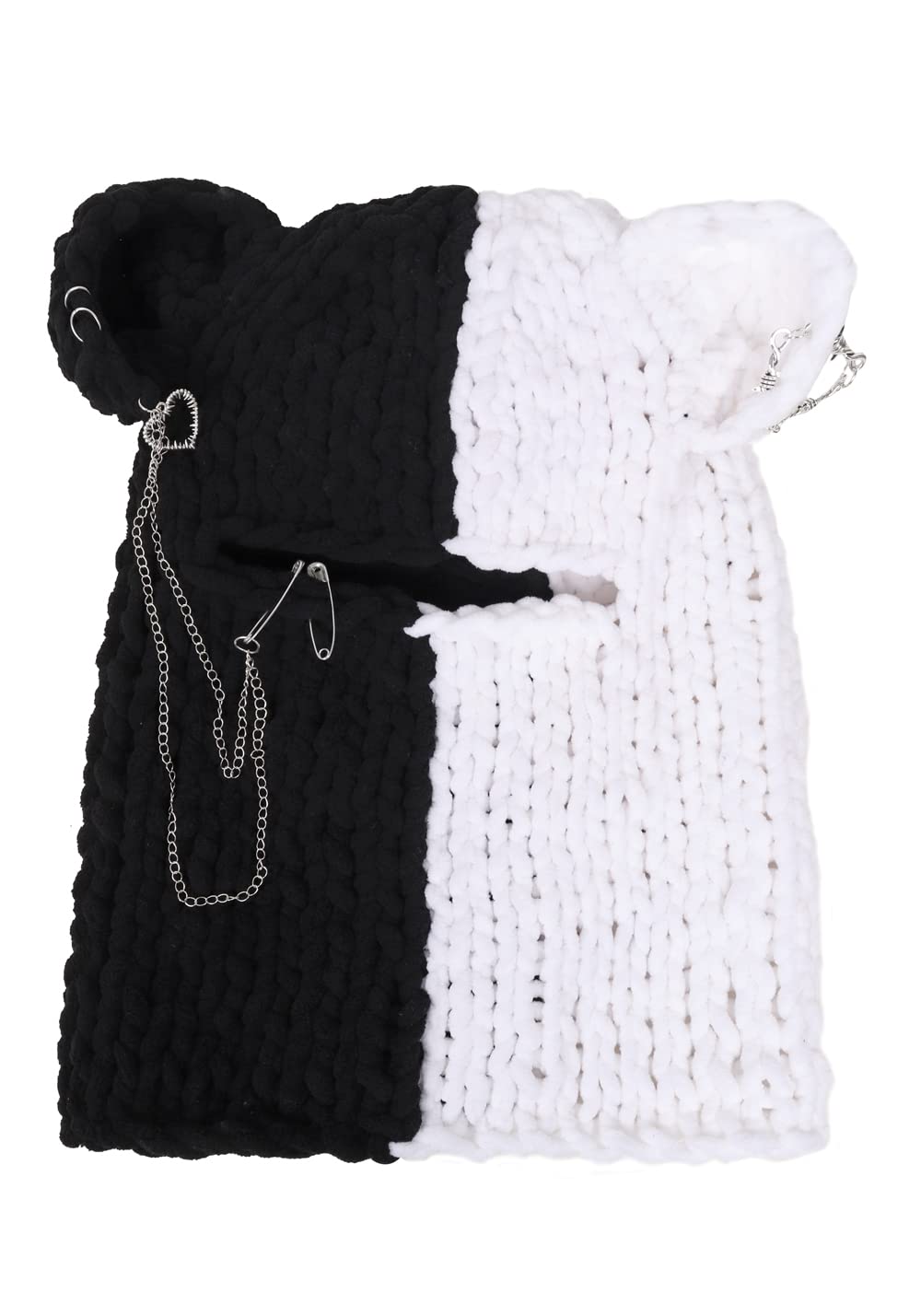 DAZCOS Knitted Balaclava Hat Devil Horn Bunny Ears Head Mask Winter Woolen Beanie Riding Hats for Women and Men (White+Black2)