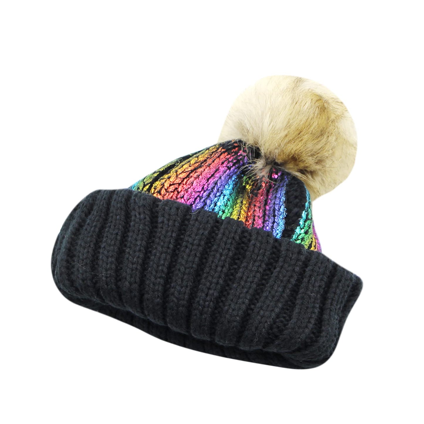 JUMISEE Women Girls Shiny Metallic Knit Beanie Hat Slouchy Winter Skull Cap with Faux Fur Pompom