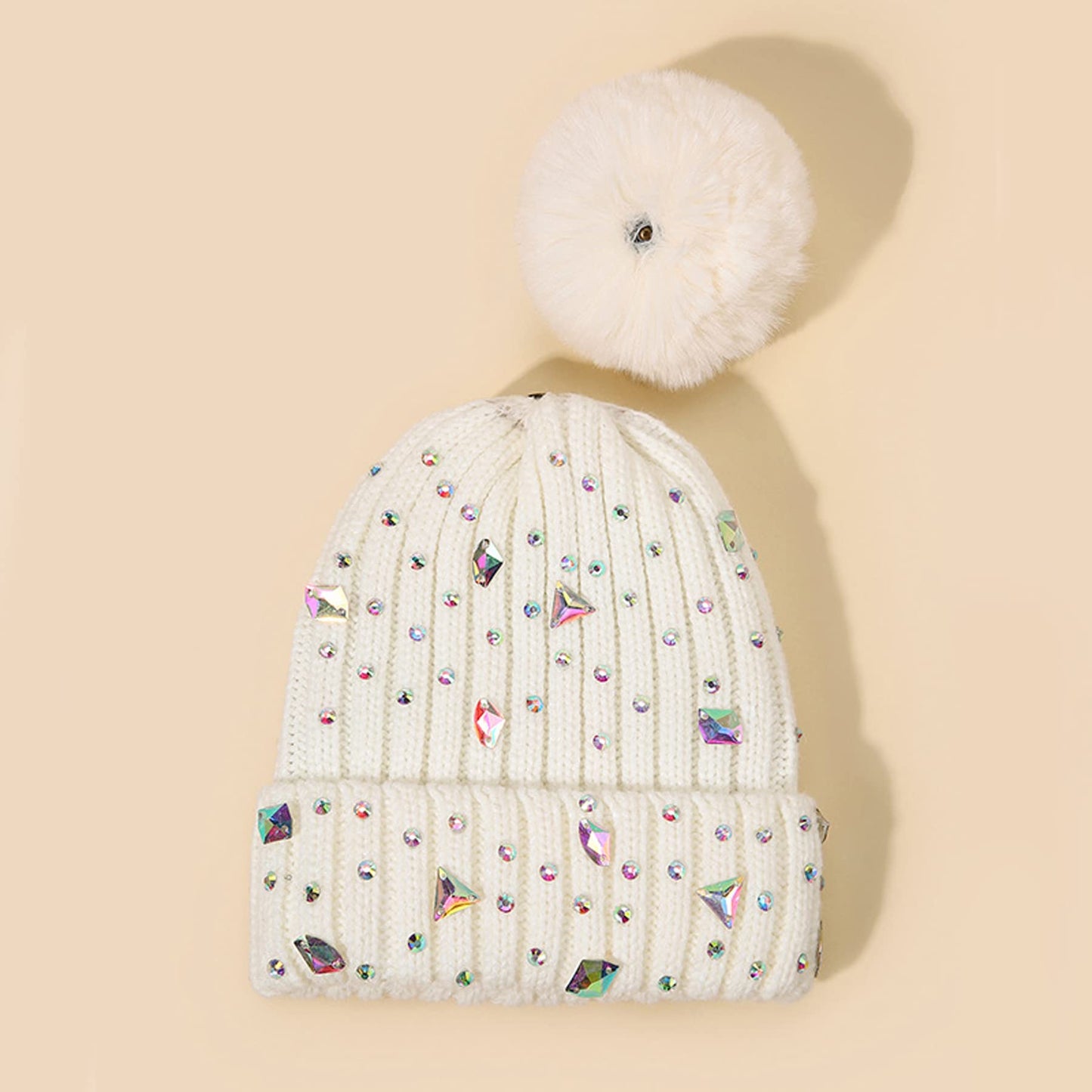 BOLLEY JOSS Womens Winter Beanies Glitter Sequins Colorful Knit Faux Fur Pompoms Beanie Hats Shiny Bling Skull Ski Cap