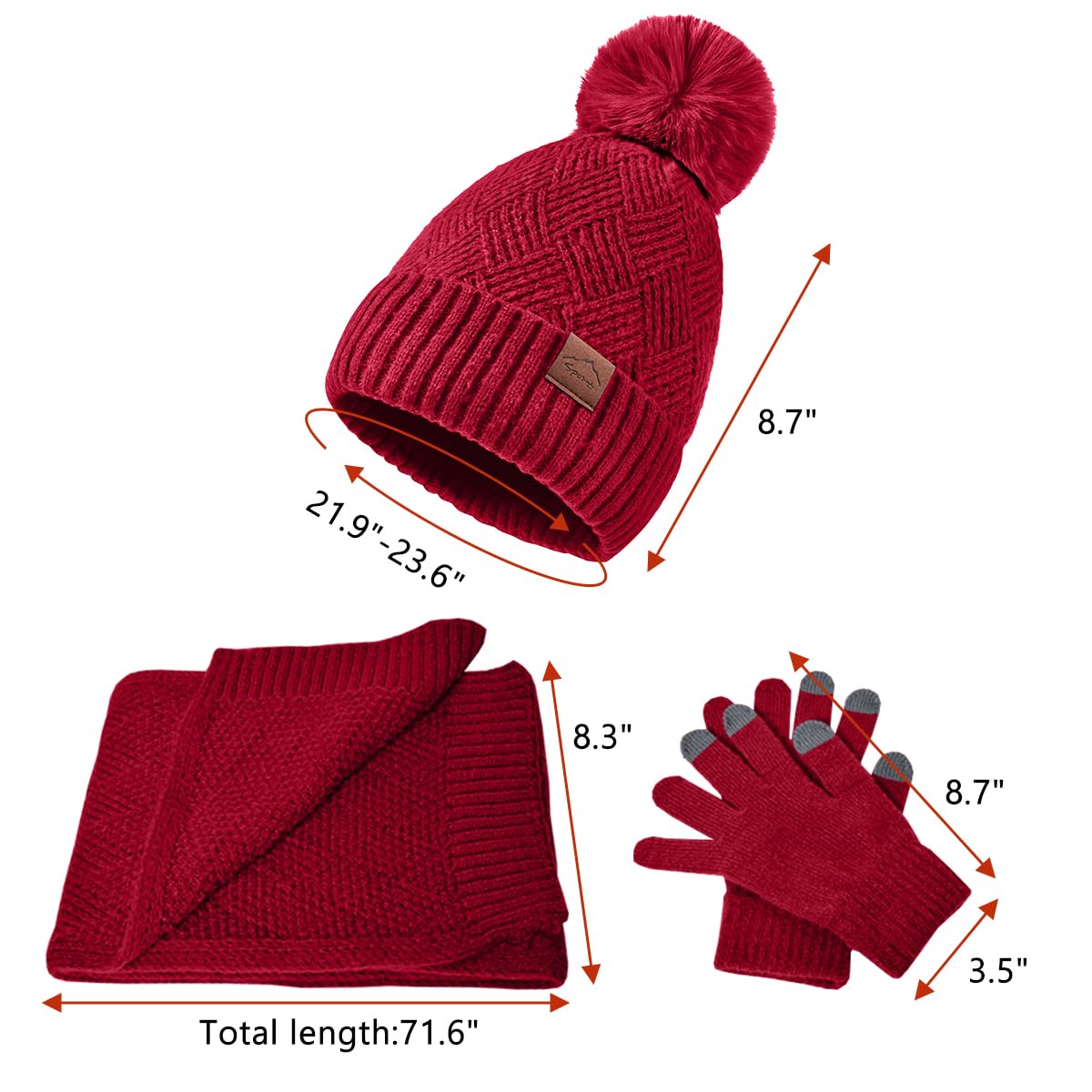 Womens Beanie Hat Scarf Gloves Set,Fleece Lined Winter Hat with Pom Pom,Long Knit Scarf Touchscreen Gloves for Cold Weather (Wine Red)