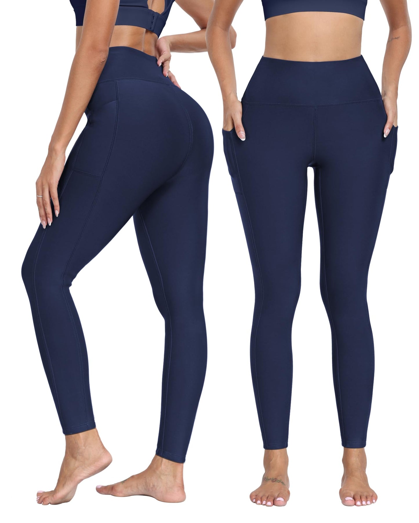 NORMOV Fleece Lined Leggings with Pockets for Women,High Waisted Winter Thermal Warm Sherpa Leggings(Navy, S)