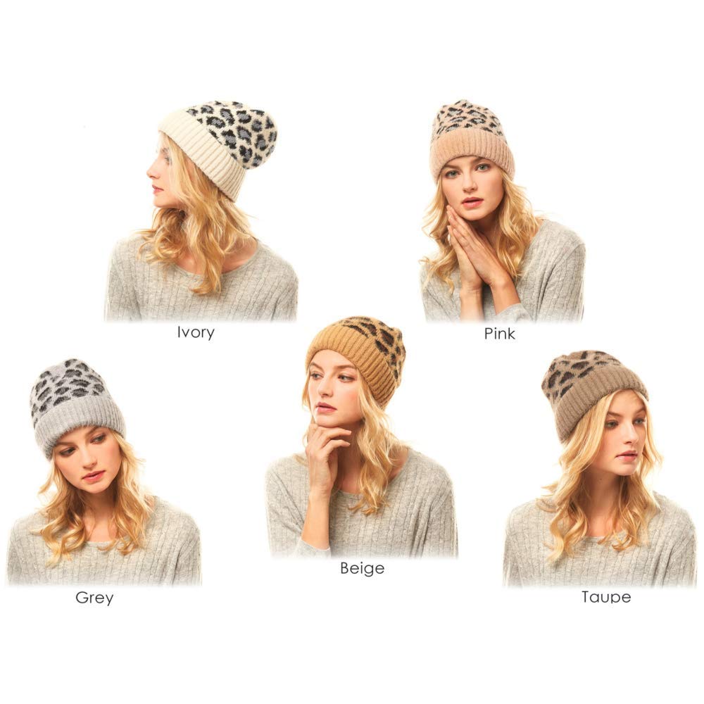 by You Women Teen Fashion Fall Winter Soft Fuzzy Leopard Animal Print Knit Cuffed Beanie Hat (Leopard Pattern - Grey)