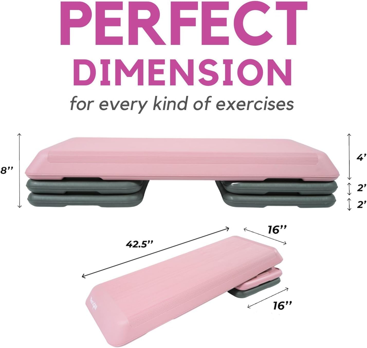 Yes4All Adjustable Workout Aerobic Exercise Step Platform Health Club Size with 4 Adjustable Risers Included and Extra Risers Options - Pink Grey