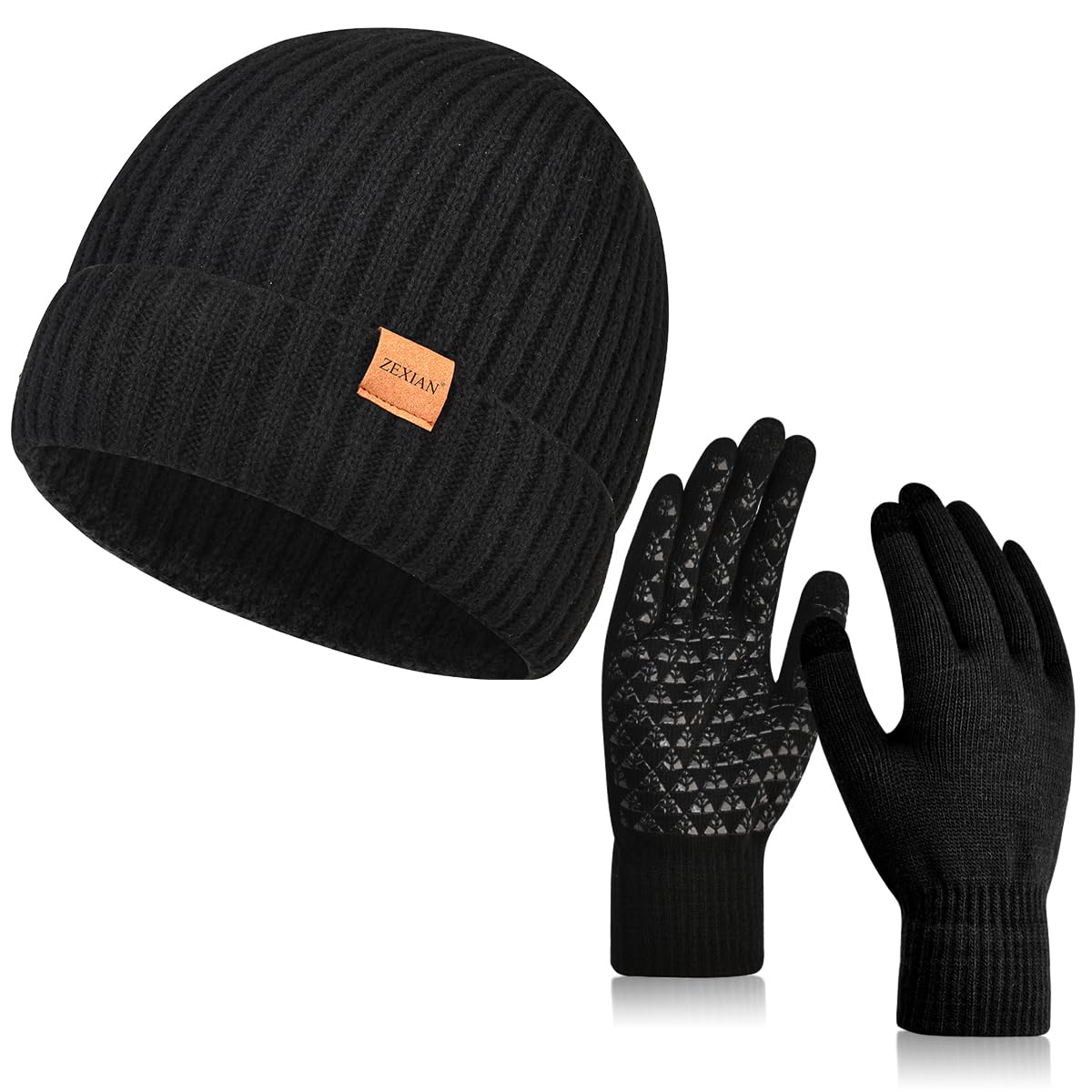 ZEXIAN Womens&Mens Winter Warm Skull Beanie Hat and Touchscreen Gloves with Knit Fleece Lined for Cold Weather(Black)