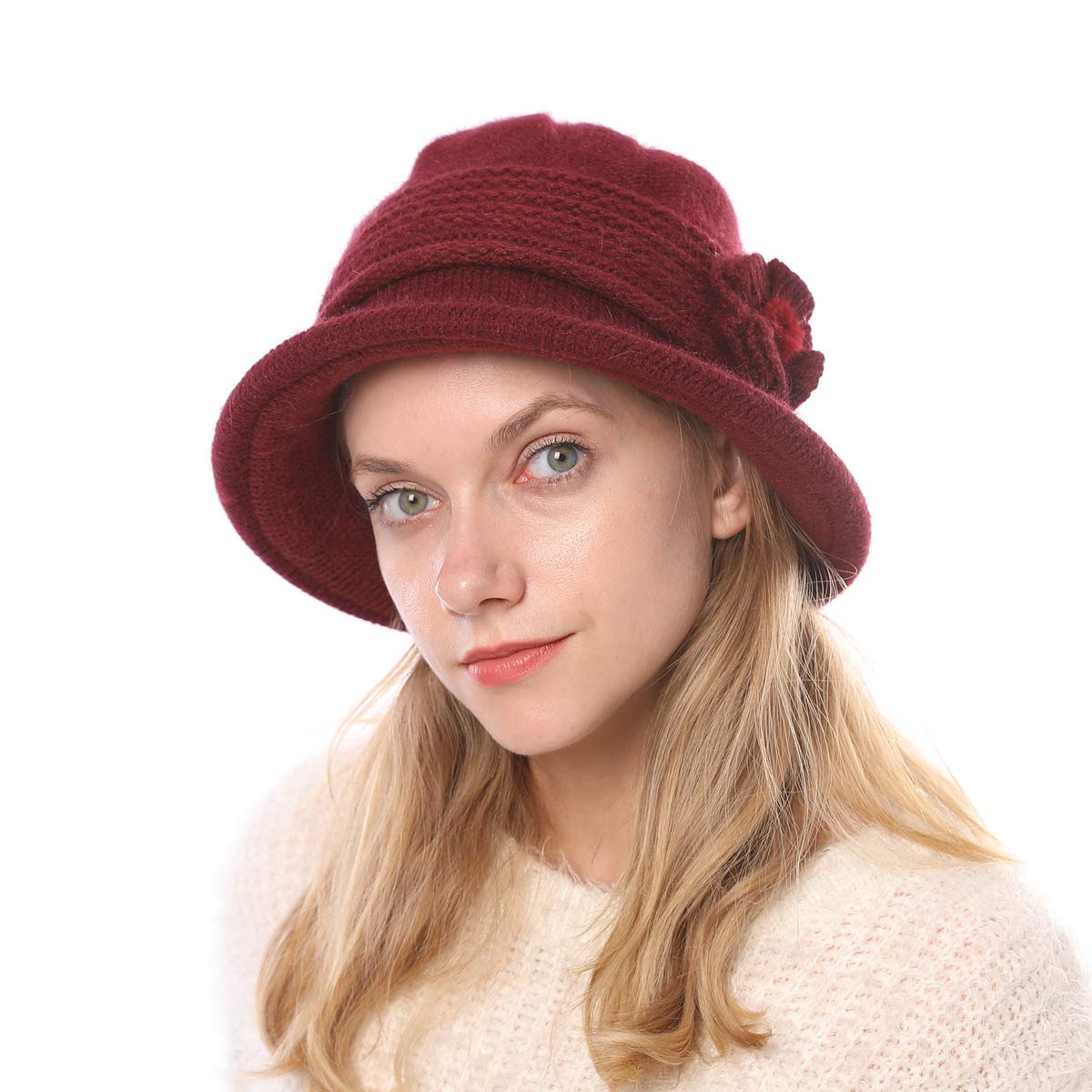 Women Winter Warm Knitted Cloche Hat Vintage Church Bucket Hat with Flower Accent