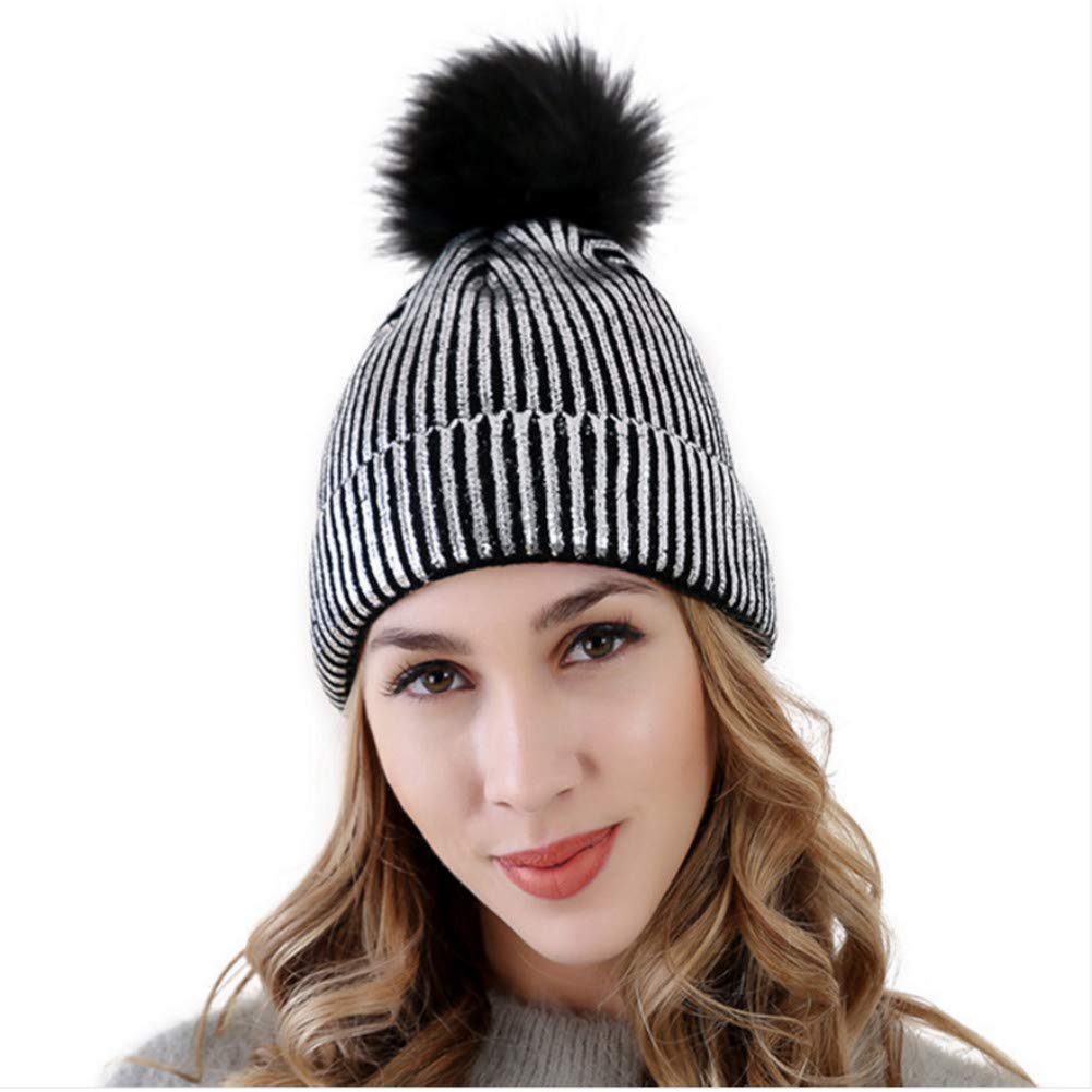 BabyPrice Women Girls Metallic Knitted Winter Beanie Hat Slouchy Faux Fur Pom Pom Skull Cap