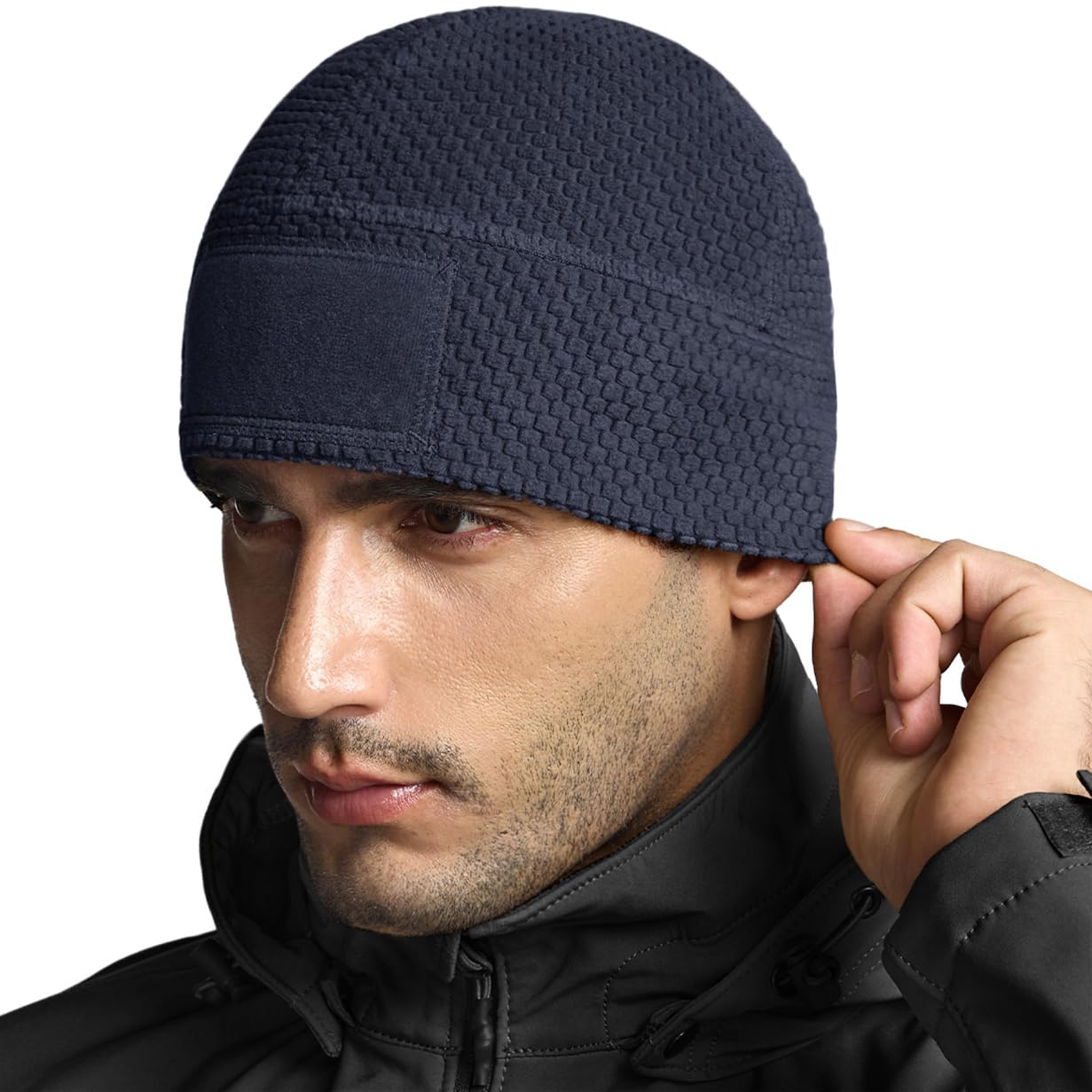 CQR Men's Fleece Tactical Beanie, Lightweight Army Military Skull Cap, Soft Warm Winter Hat with Small Pocket, Grid Flex Operator Navy, Medium