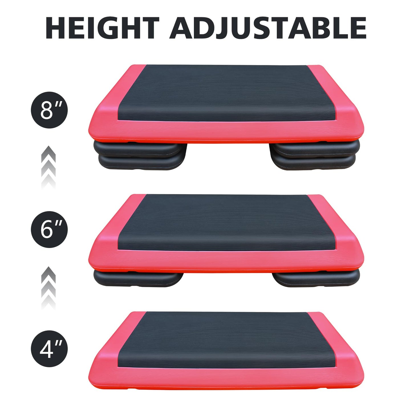 SculPong Aerobic Step Platform Height Adjustable Workout Step 4" - 6" - 8" for Fitness Strength Training with 2 Risers Rose Red