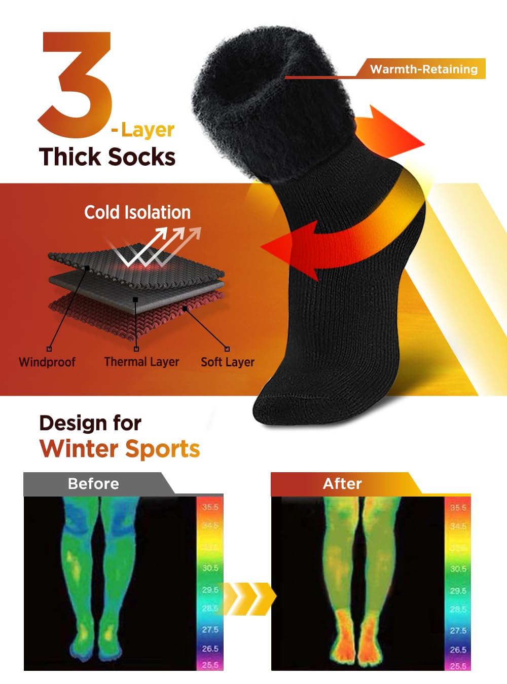 Bymore 2 Pairs Thermal Socks for Men,Heated Socks for Women, Warm Thick Winter Socks Insulated Cold Weather(Black,4-10)