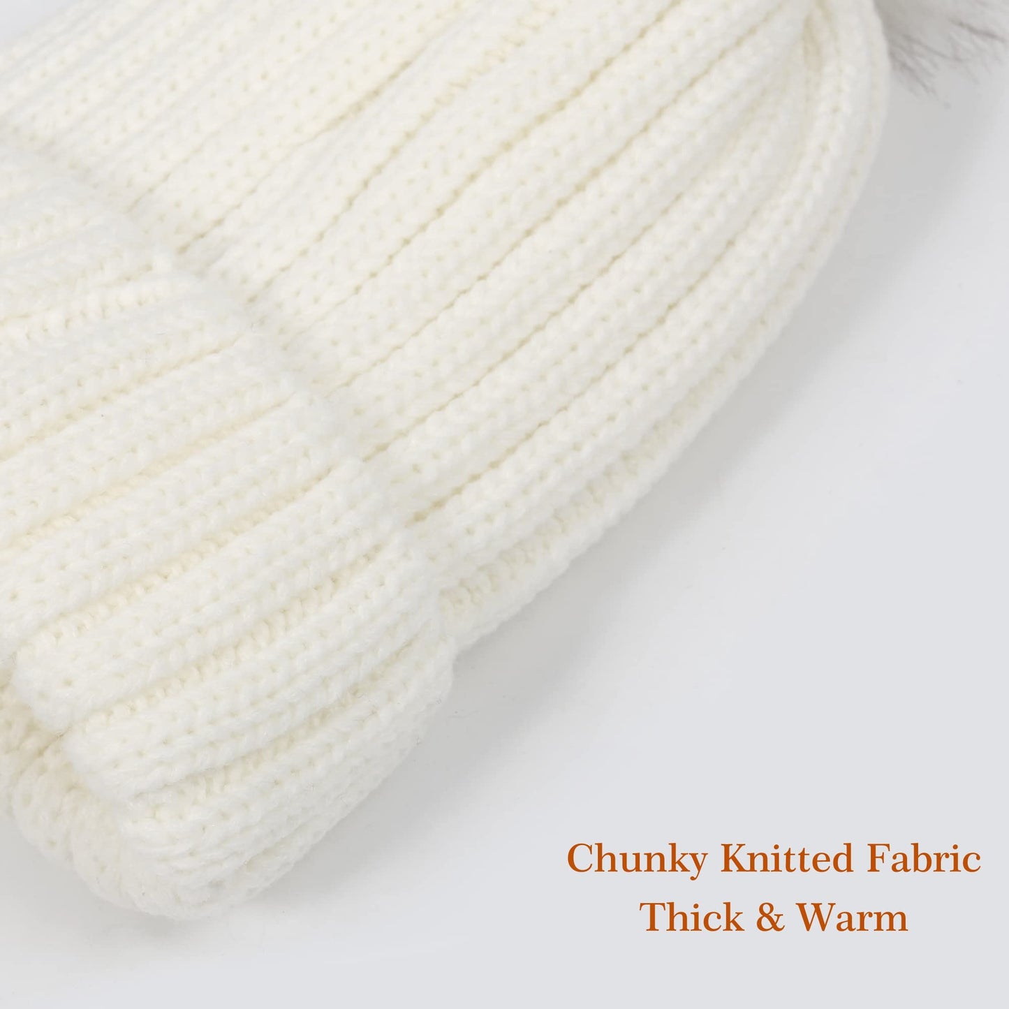Muryobao Womens Winter Beanie Hat Warm Silk Satin Lined Cuffed Cable Knit Hat with Detachable Pom Ski Skull Cap White