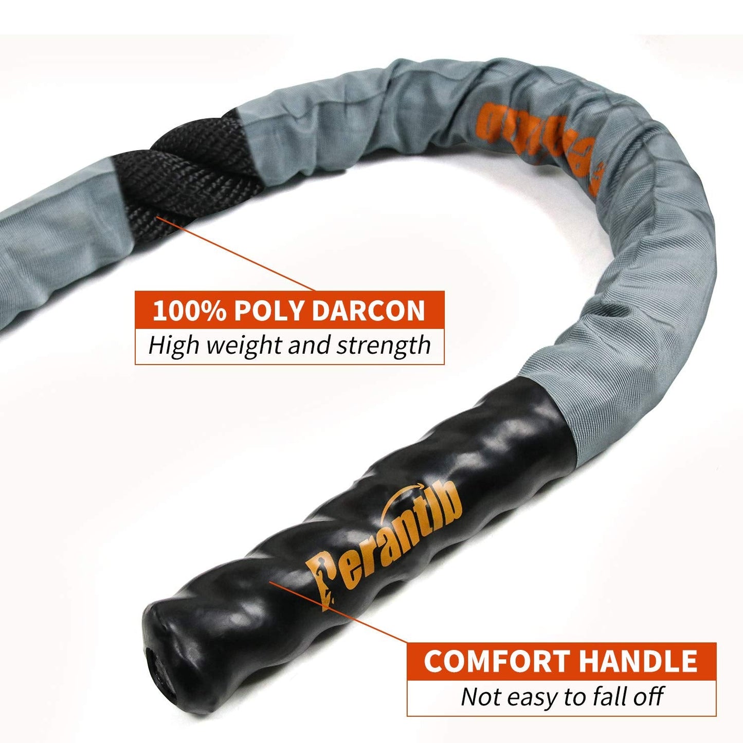 Perantlb Battle Rope with cloth sleeve -1.5/2 Inch Diameter 30' 40' 50' Lengths -Gym Muscle Toning Metabolic Workout Fitness, battle rope Anchor Strap Kit Included (1.5" x 40 ft Length)