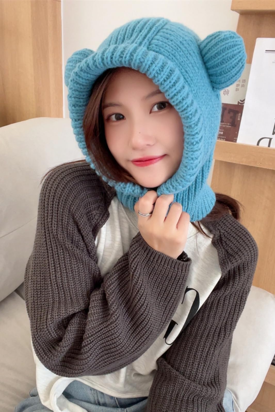 Knit Winter Hat Women Cute Bear Balaclava Warm Hooded Scarf Beanie Hat Skull Cap Collar Neck Cover Pullover Blue