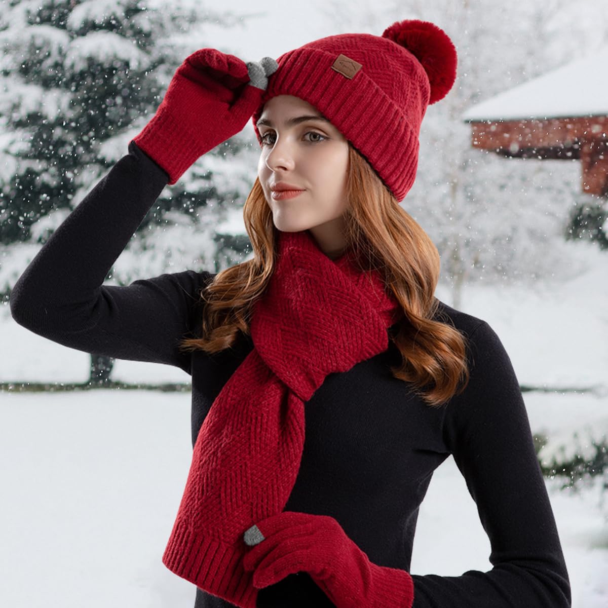 Womens Beanie Hat Scarf Gloves Set,Fleece Lined Winter Hat with Pom Pom,Long Knit Scarf Touchscreen Gloves for Cold Weather (Wine Red)