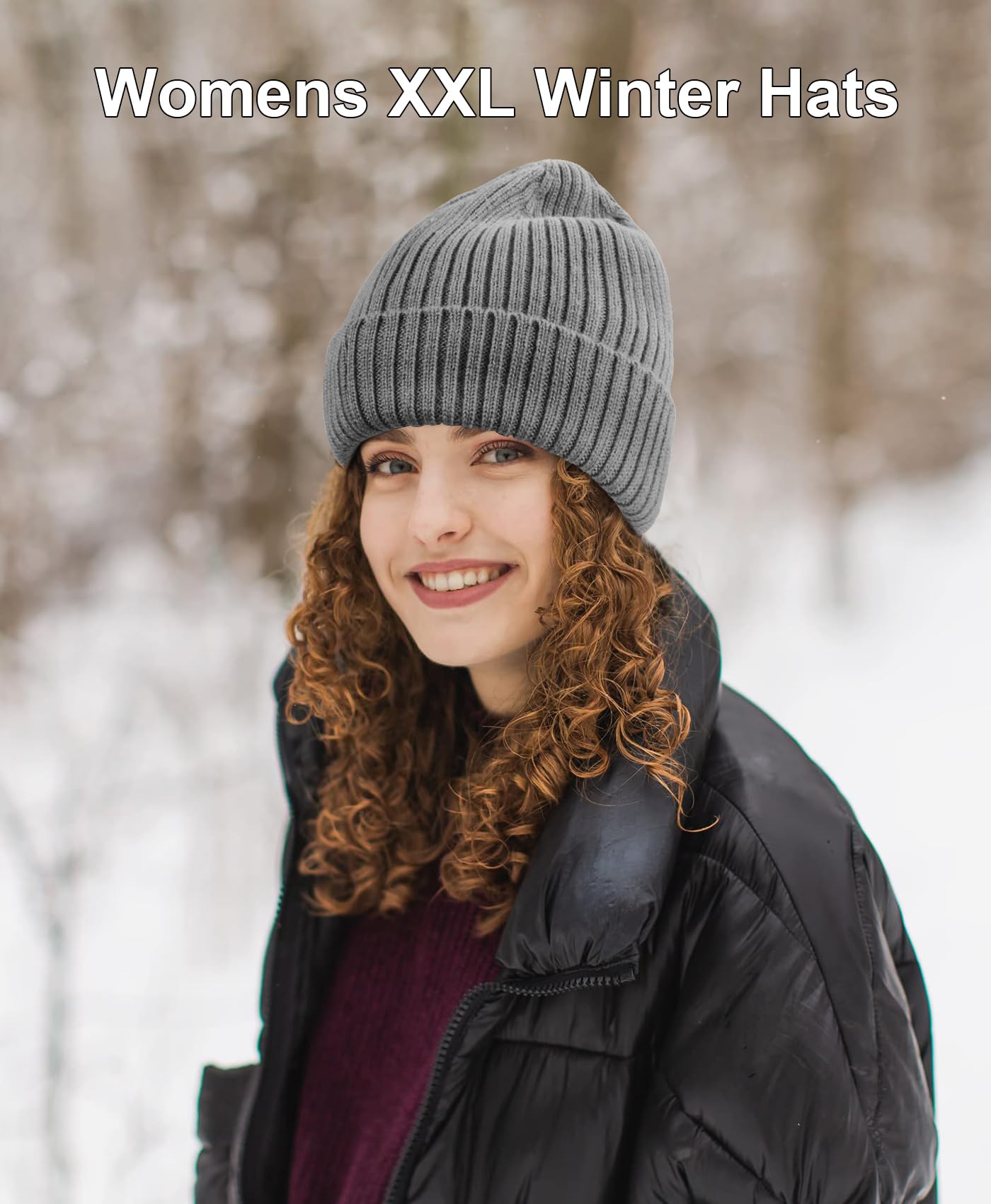 Oversize XL XXL Merino Wool Beanie for Men Big Head, Large Winter Stocking Hats, Plus Size Cuffed Beanie Skull Cap, Big Knitted Ski Hats Grey