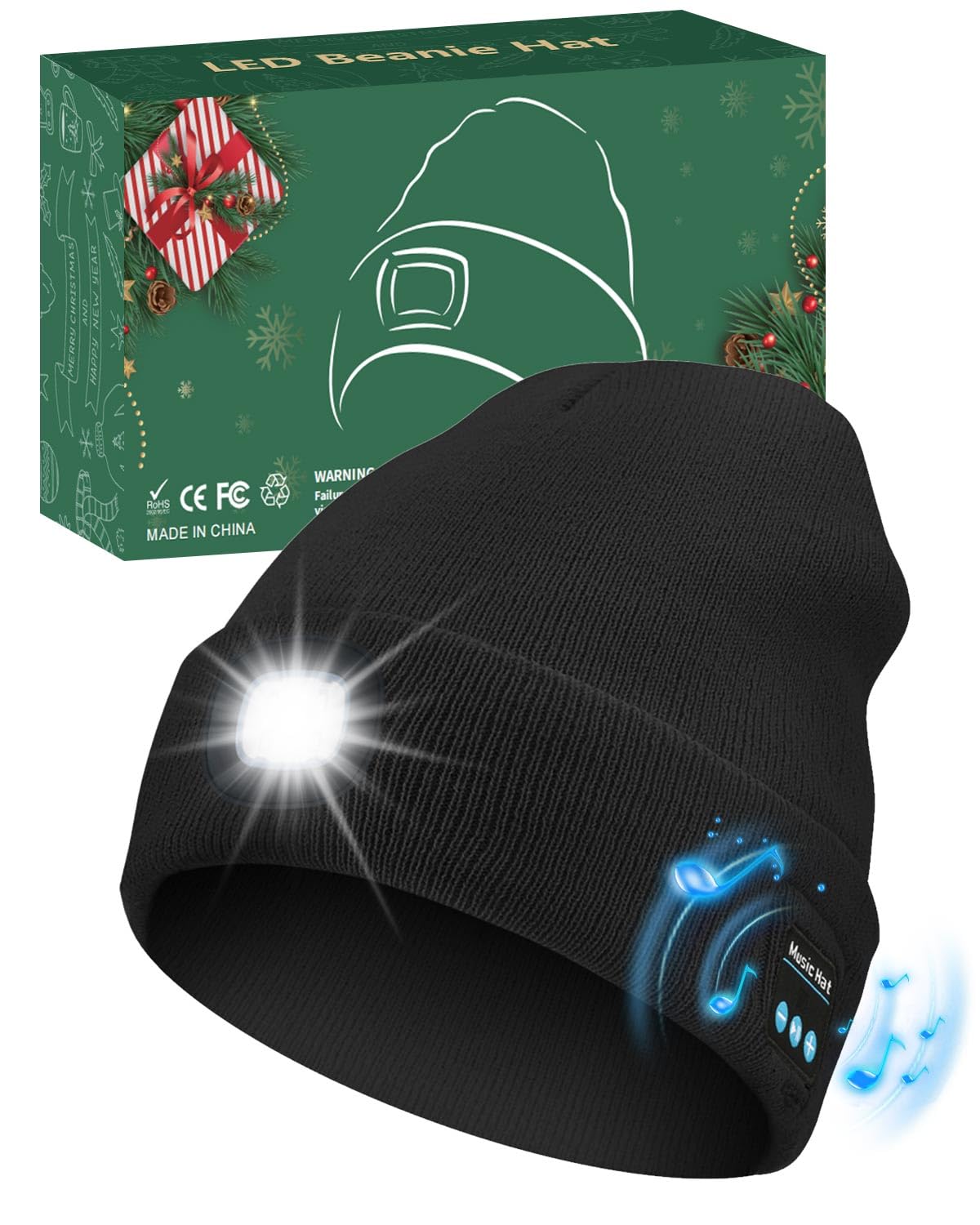 MOXTOYU Unisex Bluetooth Beanie with Light, USB Rechargeable LED Headlamp Winter Hat, Christmas Stocking Stuffers Gifts Warm Knitted Cap for Men Women Dad Mom Black