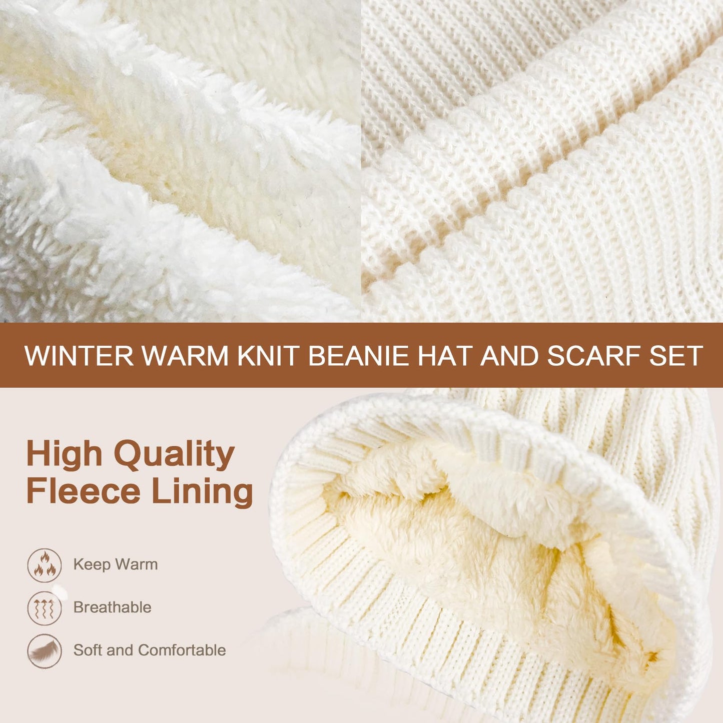 Pibupibu Grey Winter Knit Beanie Hat Scarf Gloves Set for Women, Fleece Lined Chunky Beanie Hats with Pom Pom Neck Warm Scarf Touchscreen Gloves 3 in 1 Set