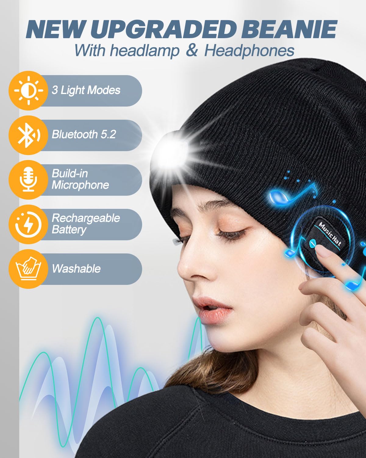 MOXTOYU Unisex Bluetooth Beanie with Light, USB Rechargeable LED Headlamp Winter Hat, Christmas Stocking Stuffers Gifts Warm Knitted Cap for Men Women Dad Mom Black