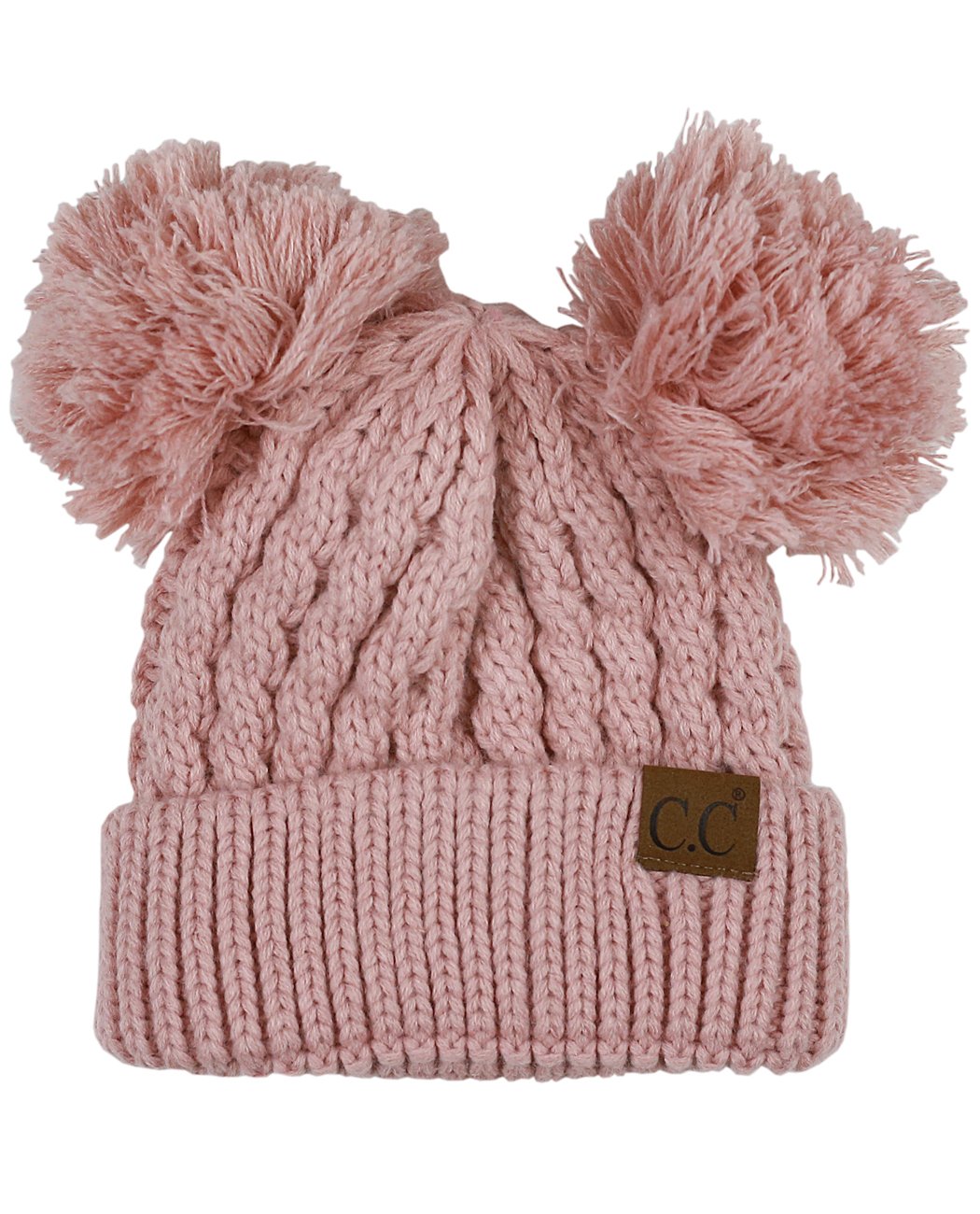 C.C 2 Ear Pom Pom Cable Knit Soft Stretch Cuff Skully Beanie Hat, Indi Pink