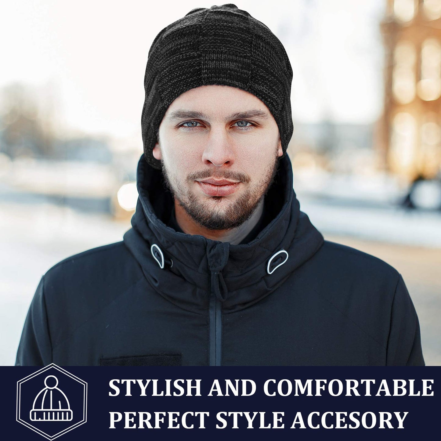 Geyoga 2/3/4 Pack Winter Beanie Hat Warm Slouchy Beanies Men Knitted Beanie Hats Fleece Lined Skully Cap(Black, Navy Blue, Grey, Khaki,4 Pieces)