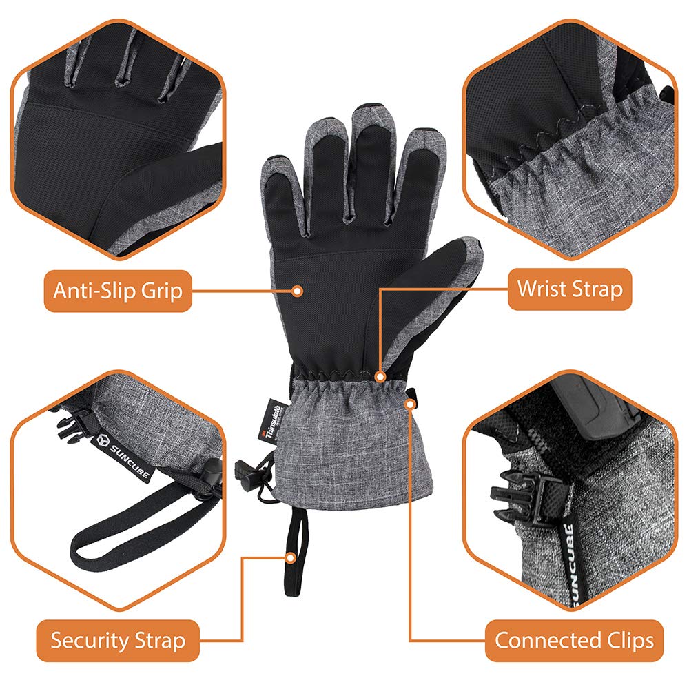 SUN CUBE Ski Gloves Men Women, Waterproof Thermal Winter Snow Gloves, Windproof 3M Thinsulate Snowboarding Snowmobile Skiing, Insulated Warmers Zipper Pocket Cold Weather Outdoor Snowboard, Gray L