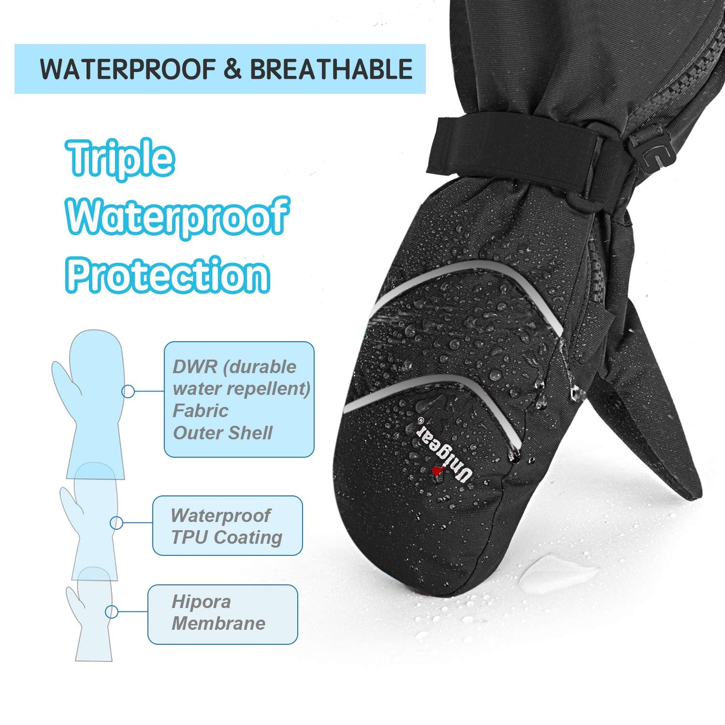 Unigear Kids Ski Mittens Waterproof Winter Snow Thinsulate Mittens with String for Boys Girls