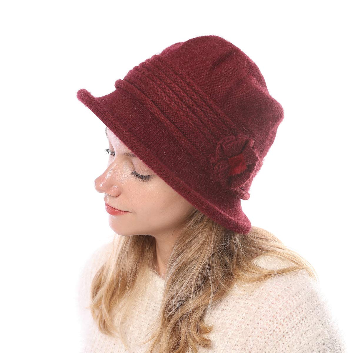 Women Winter Warm Knitted Cloche Hat Vintage Church Bucket Hat with Flower Accent