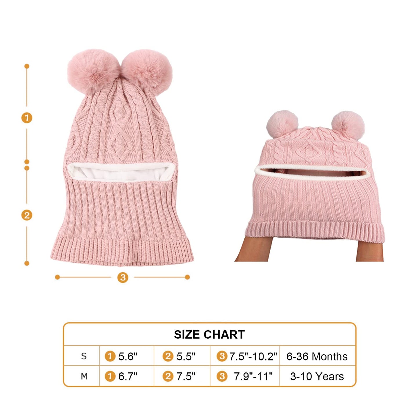 Winter Baby Knitted Hat Scarf Kids Boys Girls Hood Hats Toddler Earflap Beanie with Pompom(Skin Pink Pompom,S)