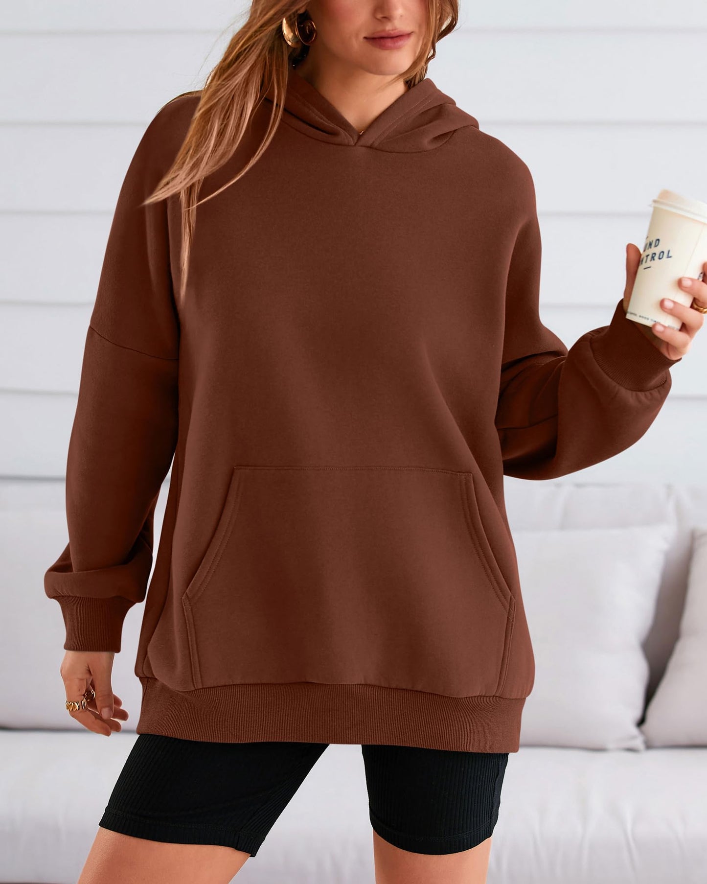 BTFBM Womens Fall Fashion 2024 Oversized Sweatshirt Hoodie Long Sleeve Fleece Pullover Holiday Tops Winter Clothes(Solid Dark Coffee, Small)