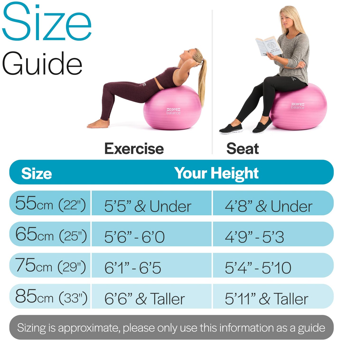 Core Balance Exercise Ball for Workouts, Anti-Burst and Slip Resistant, Swiss Yoga Ball for Pregnancy, Stability, Fitness and Physical Therapy, 4 Sizes, with Pump (25" / 65cm Pink)