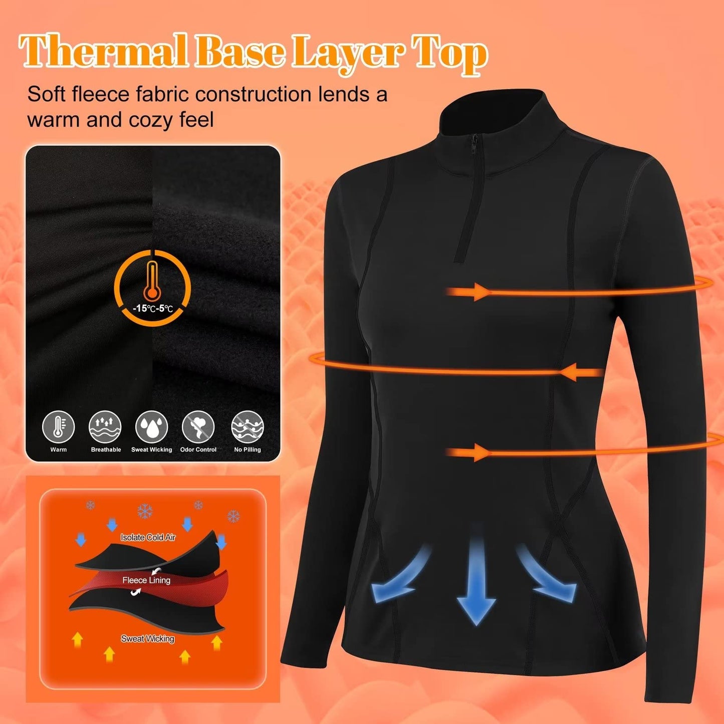 Tesuwel Ski Base Layer Women Cold Weather Long Sleeve Thermal Shirt Women Snowboard Underlayer for Hiking Running Thermal Underwear Top Women Half Zip Athletic Shirts Moisture Wicking 02513 Black XL