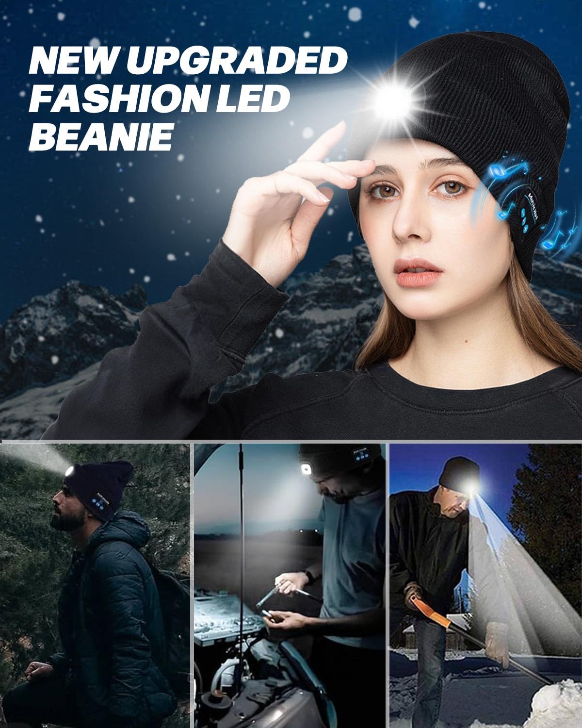 MOXTOYU Unisex Bluetooth Beanie with Light, USB Rechargeable LED Headlamp Winter Hat, Christmas Stocking Stuffers Gifts Warm Knitted Cap for Men Women Dad Mom Black