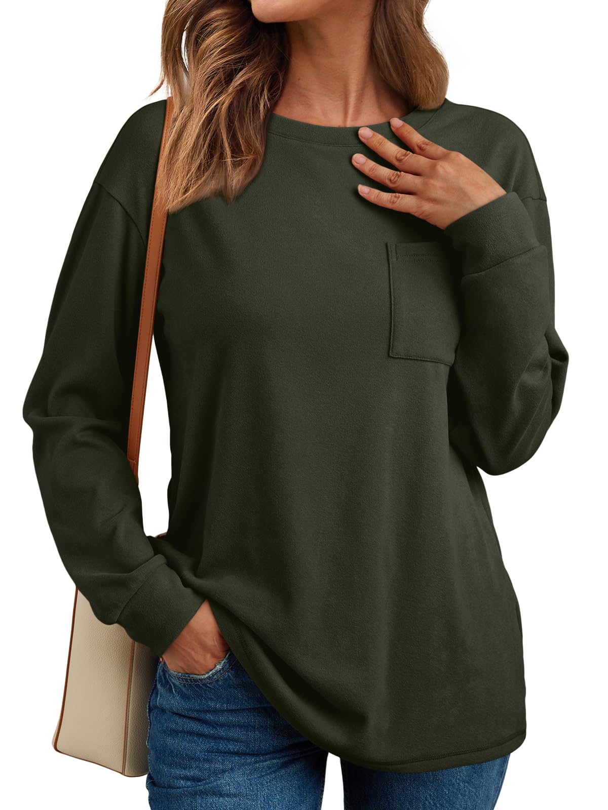 AUTOMET Womens Long Sleeve Tops Loose Fit Fall Cute Thick T Shirts Winter Cruise Outfits Trendy Clothes, ArmyGreen, L