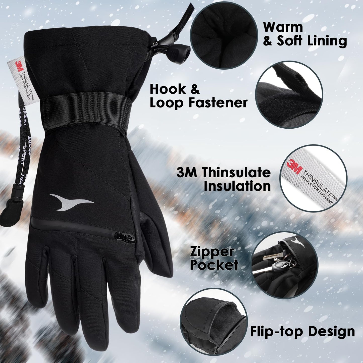 Achiou Ski Gloves Waterproof Snowboard Gloves,Winter Cold Weather Gloves for Men & Women,Touchscreen Snow Mittens
