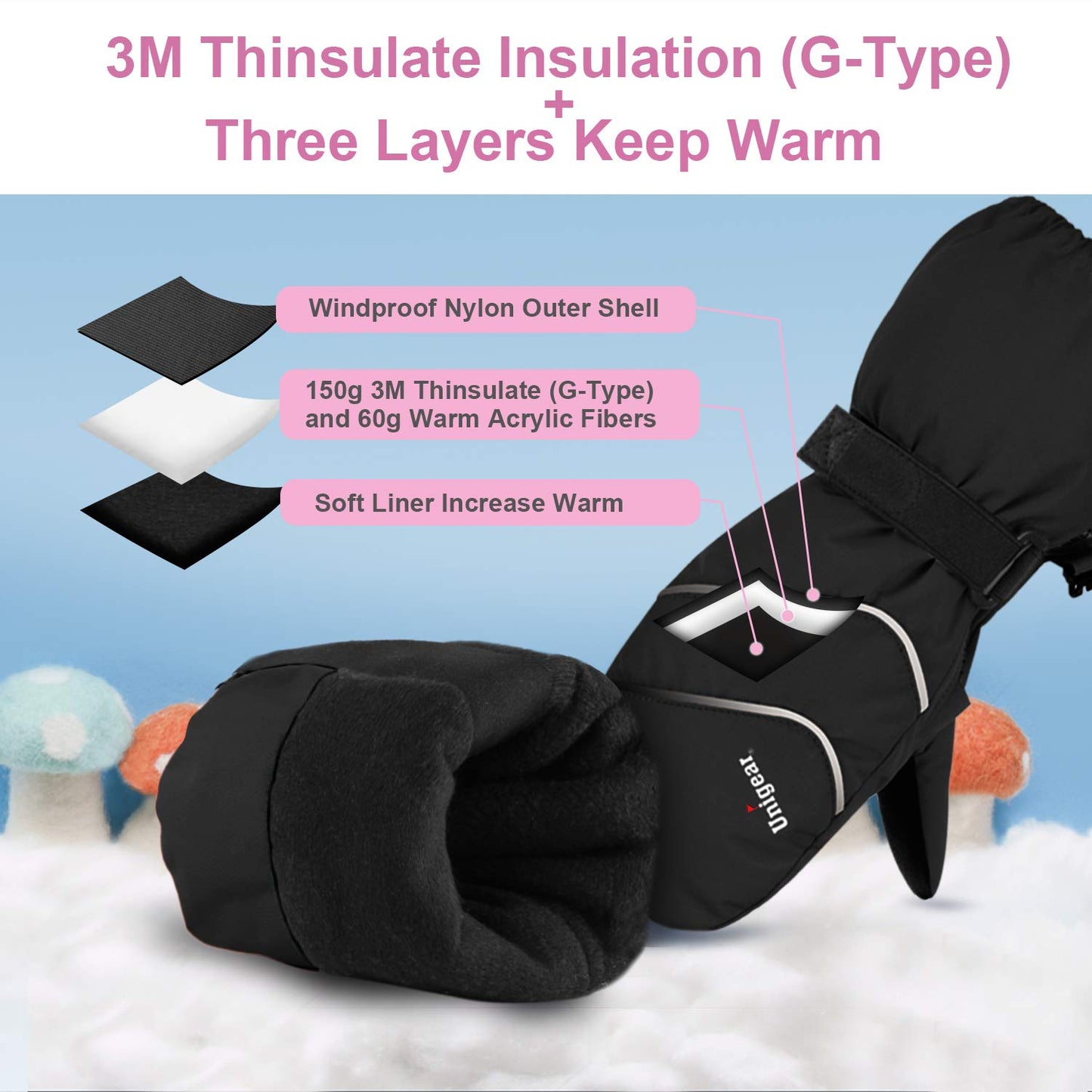 Unigear Kids Ski Mittens Waterproof Winter Snow Thinsulate Mittens with String for Boys Girls