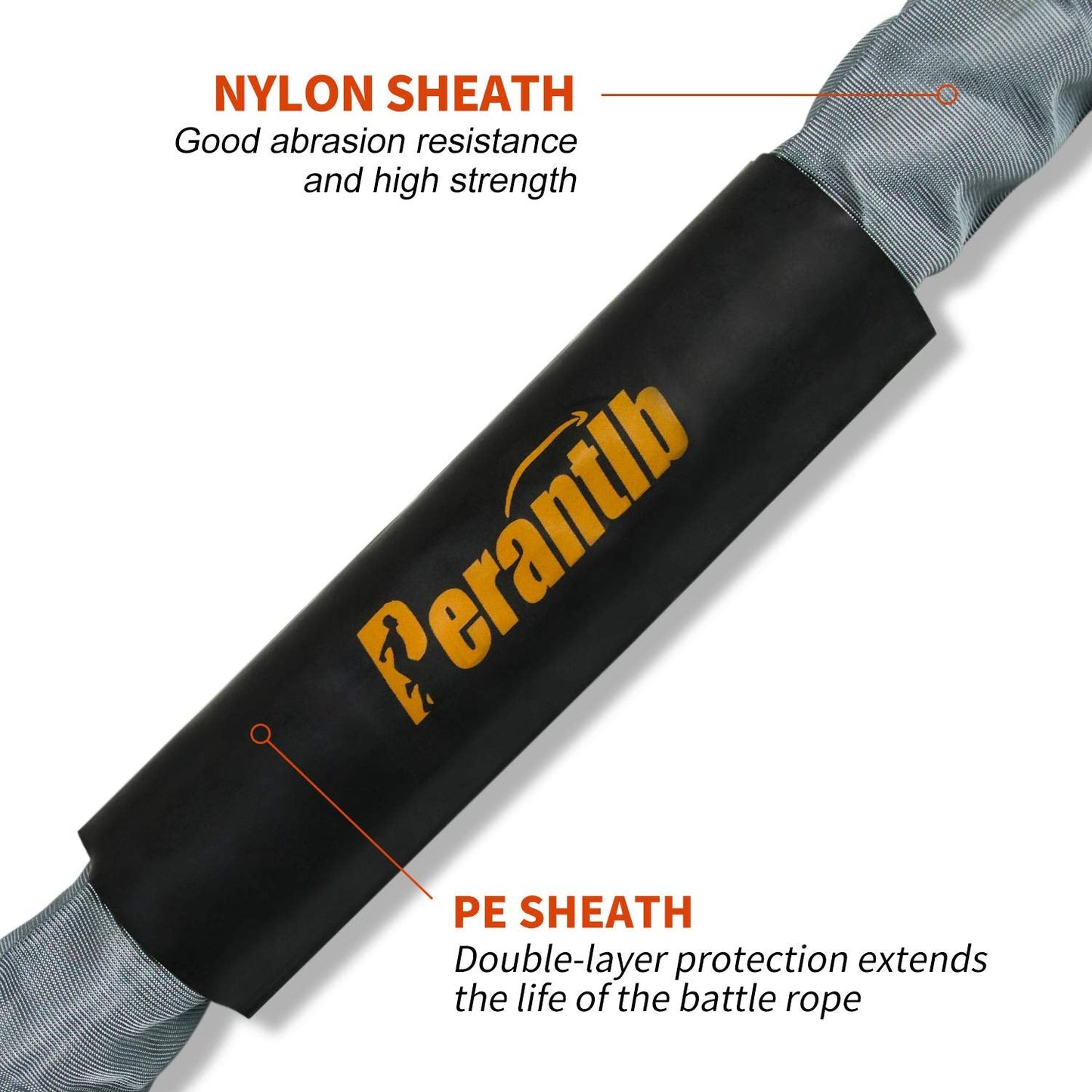 Perantlb Battle Rope with cloth sleeve -1.5/2 Inch Diameter 30' 40' 50' Lengths -Gym Muscle Toning Metabolic Workout Fitness, battle rope Anchor Strap Kit Included (1.5" x 40 ft Length)